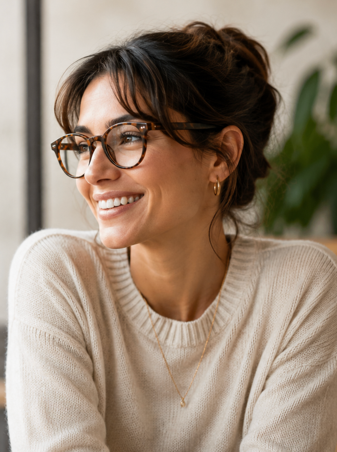 Woman smiling while wearing BSE eyeglasses